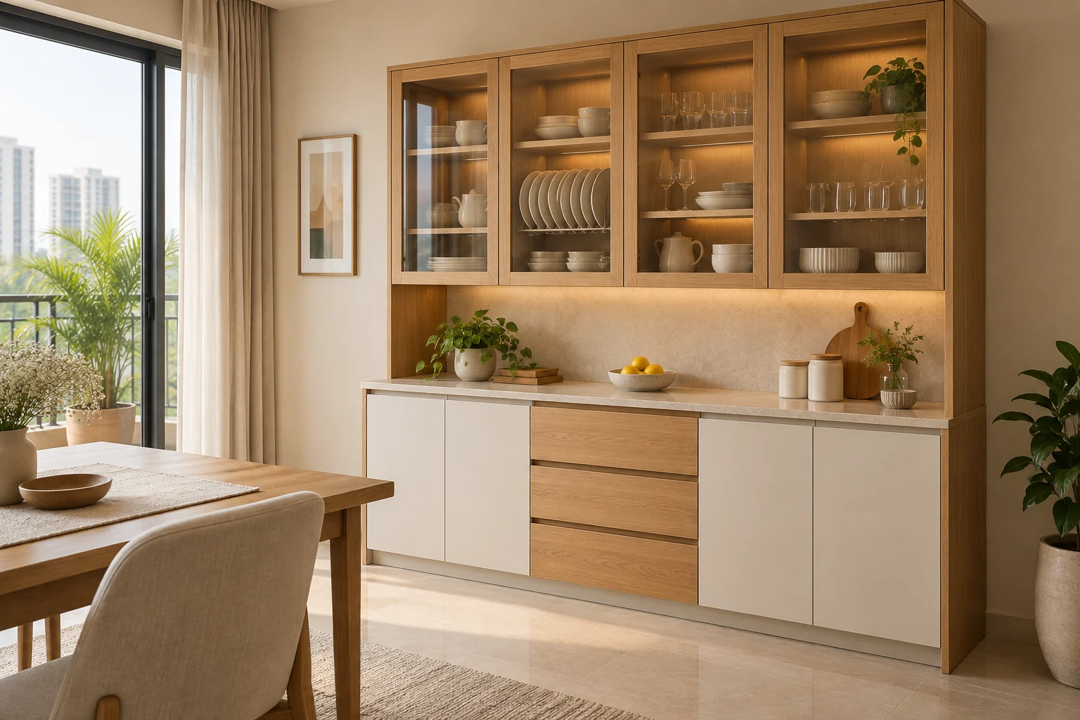 Illustrative oak and ivory crockery cabinet with ceramics and closed lower storage