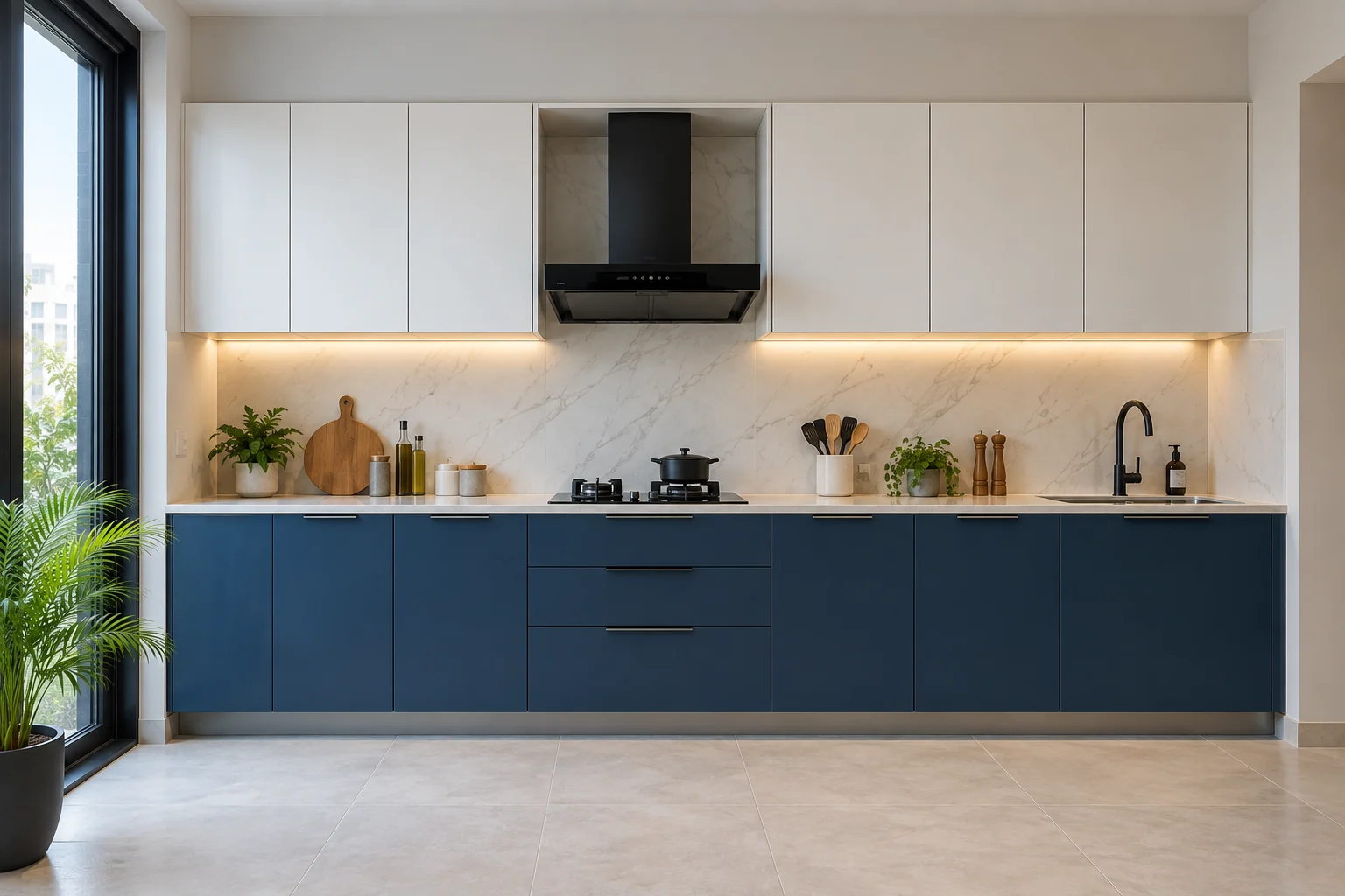 Illustrative straight kitchen with blue lower cupboards and white upper cupboards