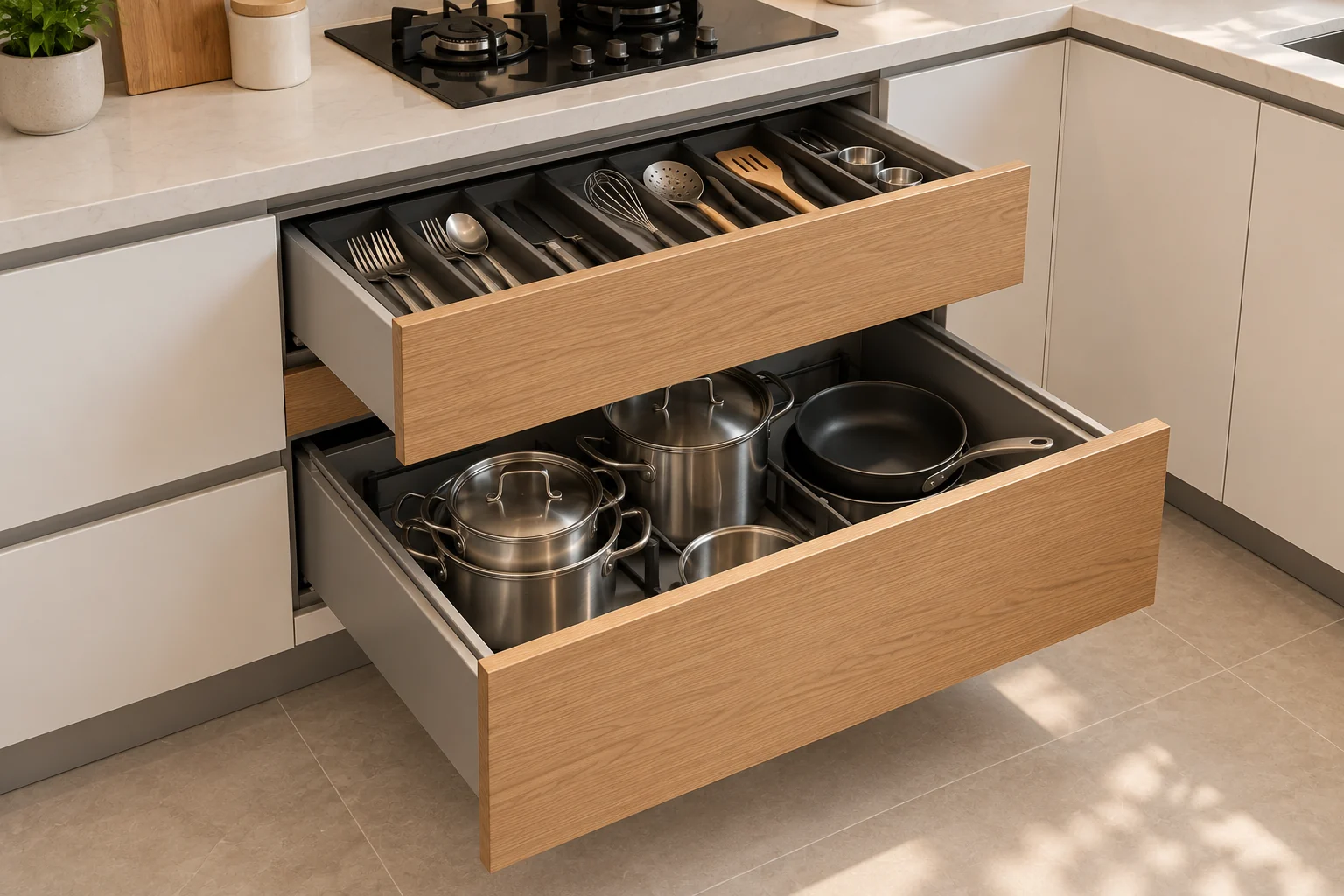 Illustrative kitchen drawer and storage detail