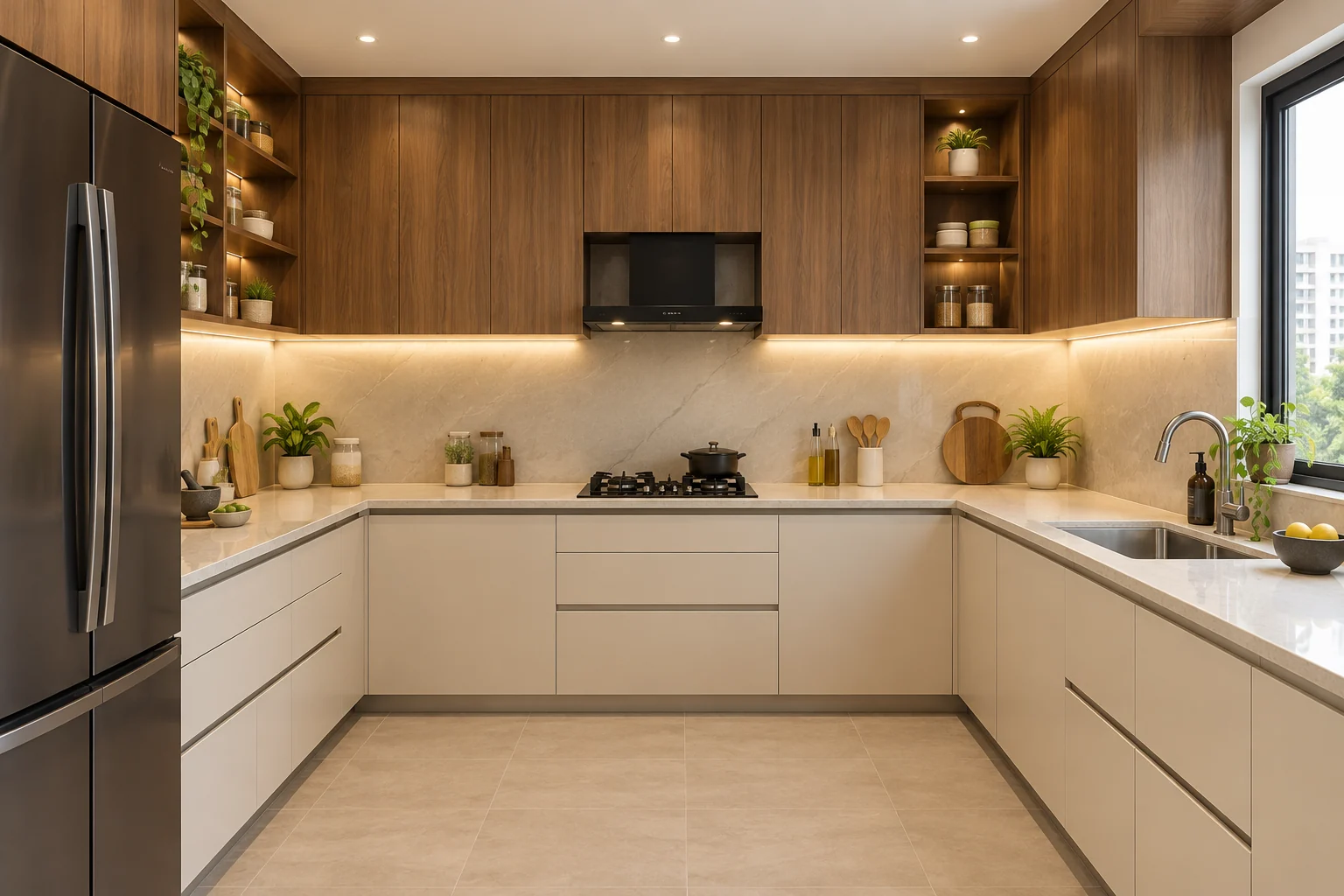Illustrative U-shaped kitchen with walnut and cream cabinetry