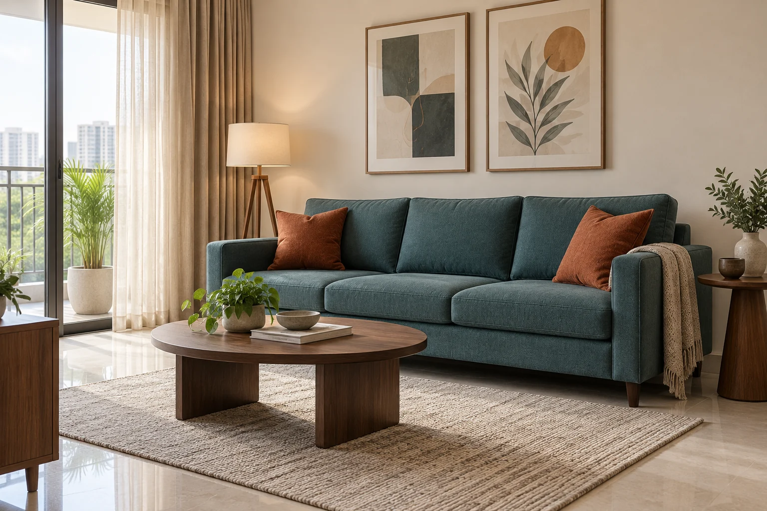 Illustrative teal sofa with rust cushions and walnut occasional tables